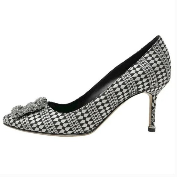 Manolo Blahnik Crystal Hangisi Silver Black Jacquard Print Heels - Picture 2 of 8